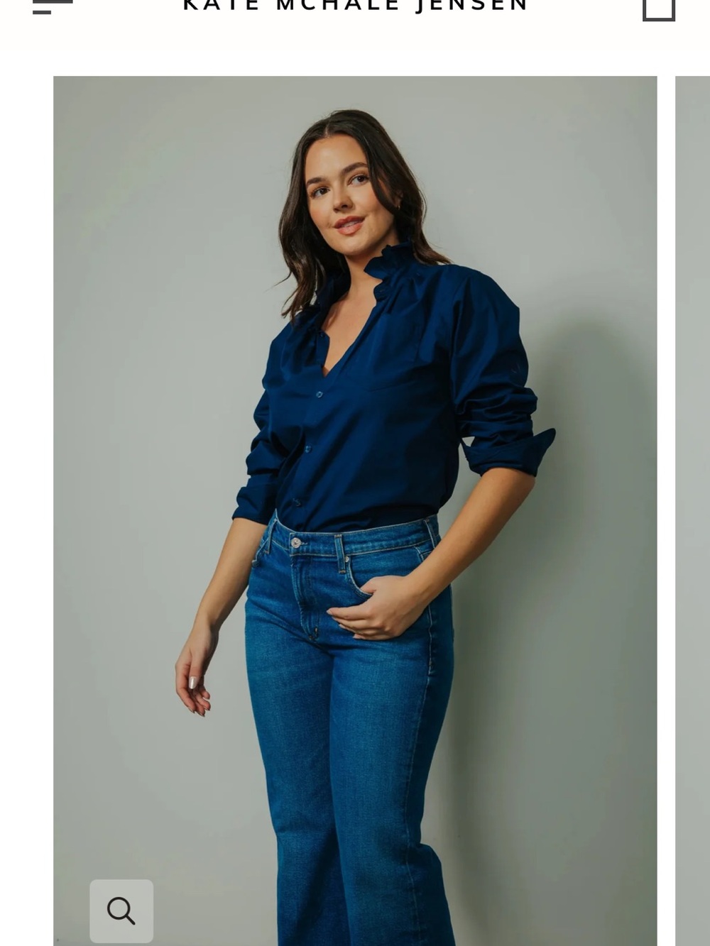 Kate McHale Jensen quarantina Navy Button-Down Ruffle Collar Shirt